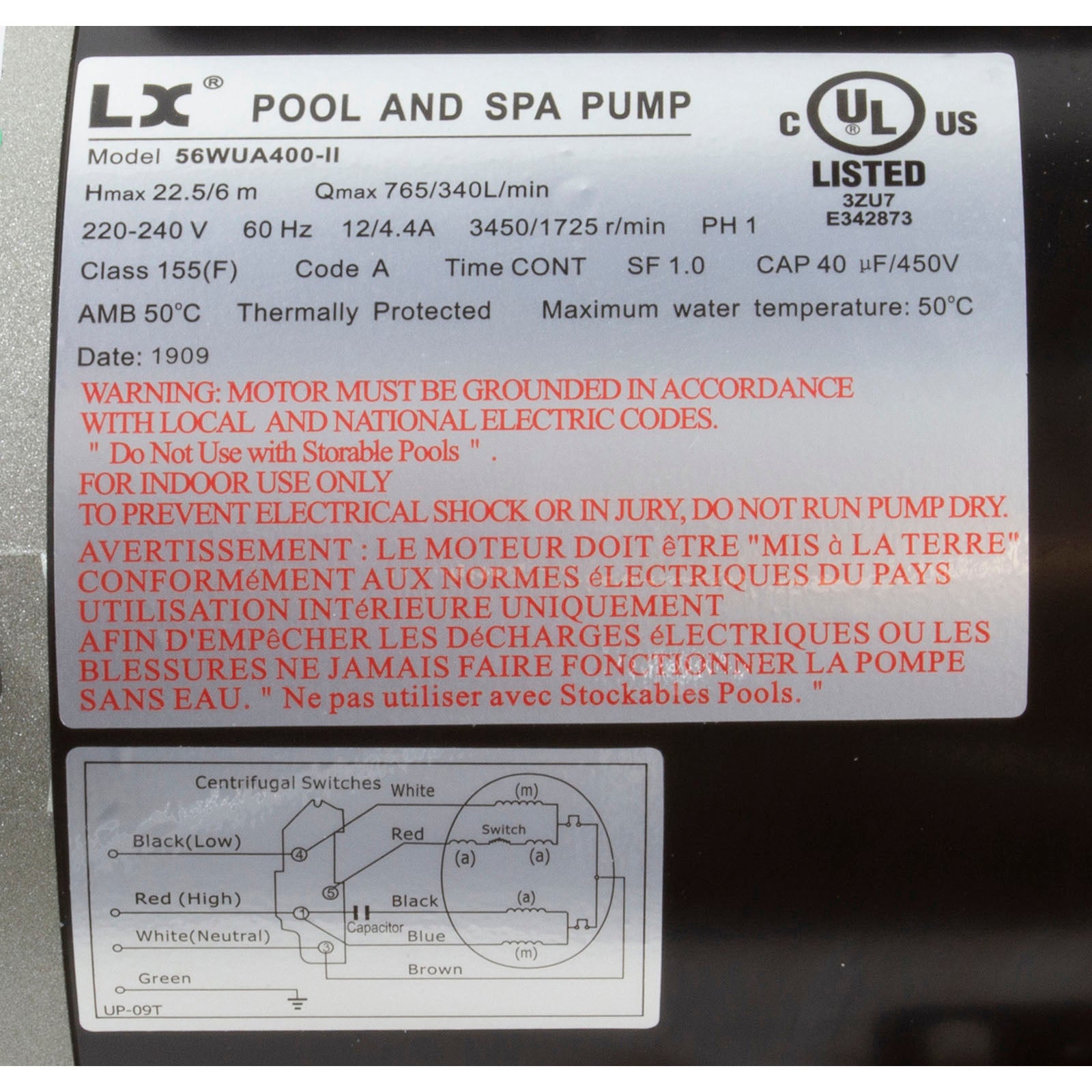 LX Spa Jet Pump, 4HP, 230V, 2-Speed, 56 Frame, 2" Inlet & Discharge